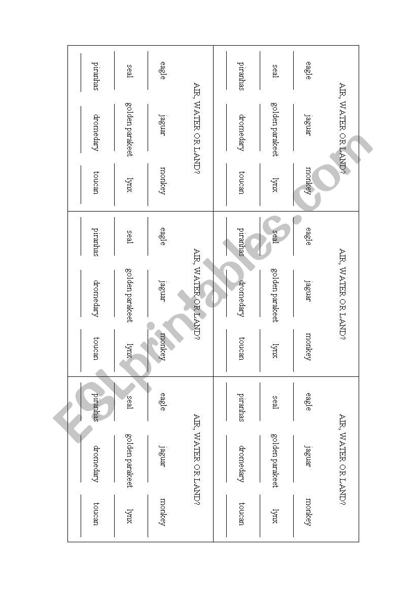 Animals - Air water or land worksheet