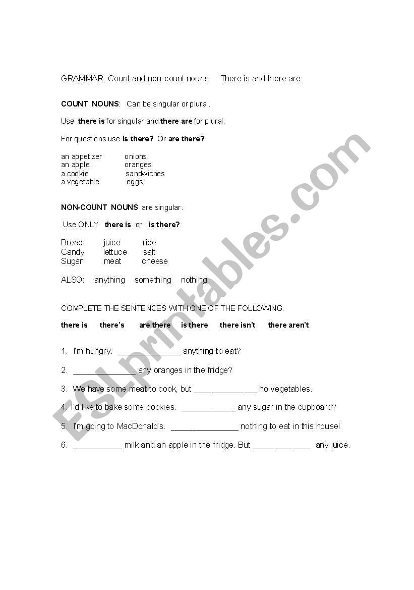 COUNT and NON-COUNT NOUNS worksheet