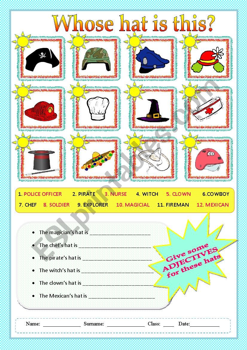 Whose hat is it?  worksheet