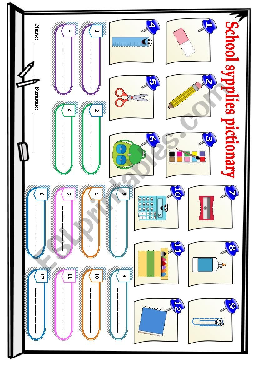 School supplies pictionary worksheet