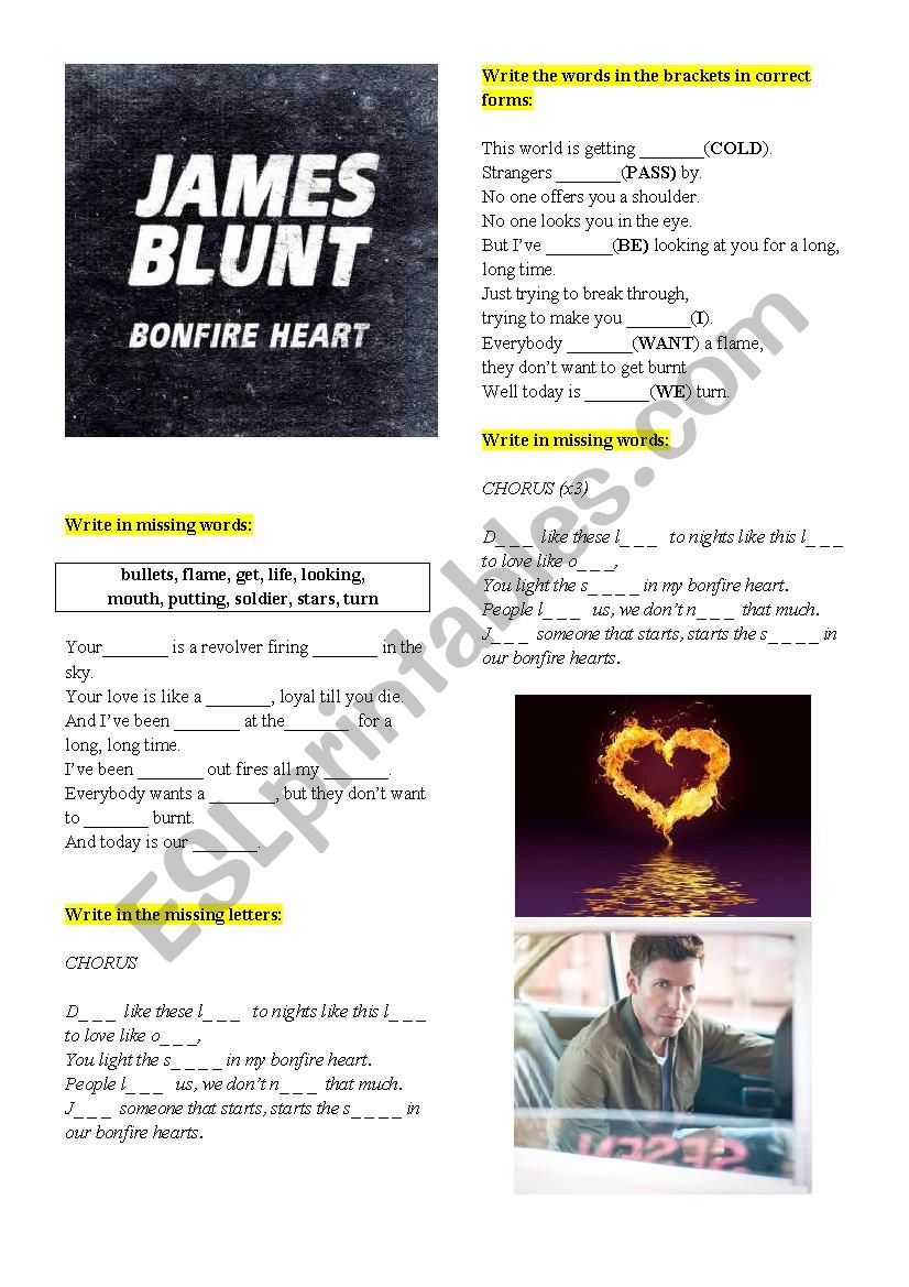 James Blunt Bonfire heart worksheet