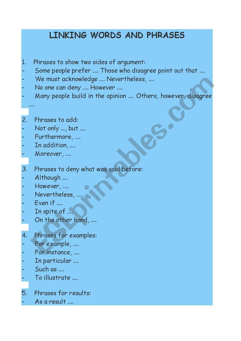 Linking words and phrases worksheet