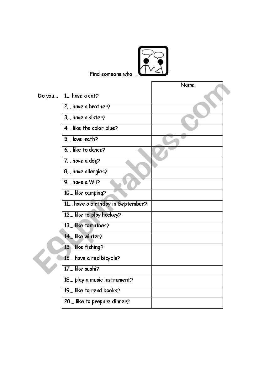 Find someone who - 2nd cycle worksheet