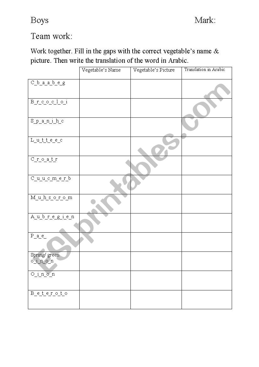 Pair work: learning vegetables names