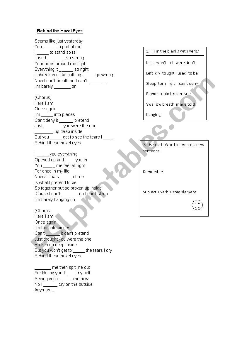 Song Behind this Hazel Eyes worksheet