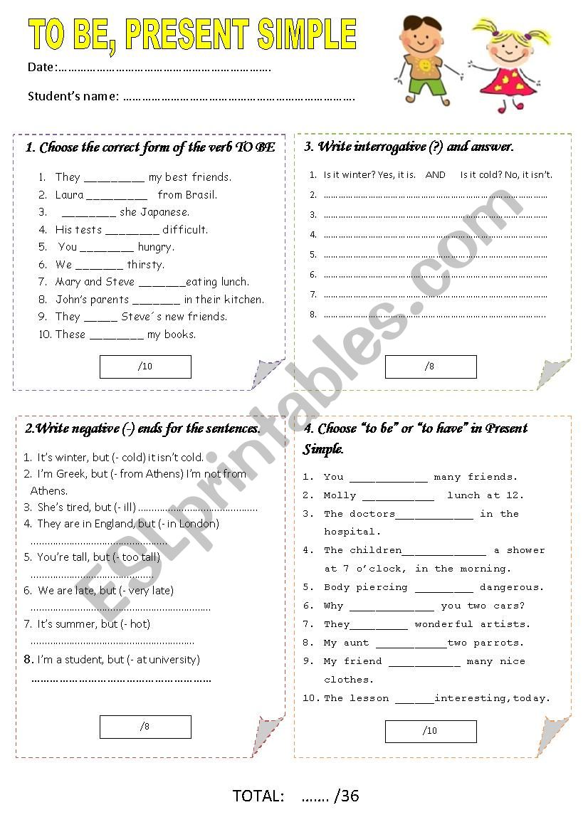 TO BE, PRESENT SIMPLE worksheet