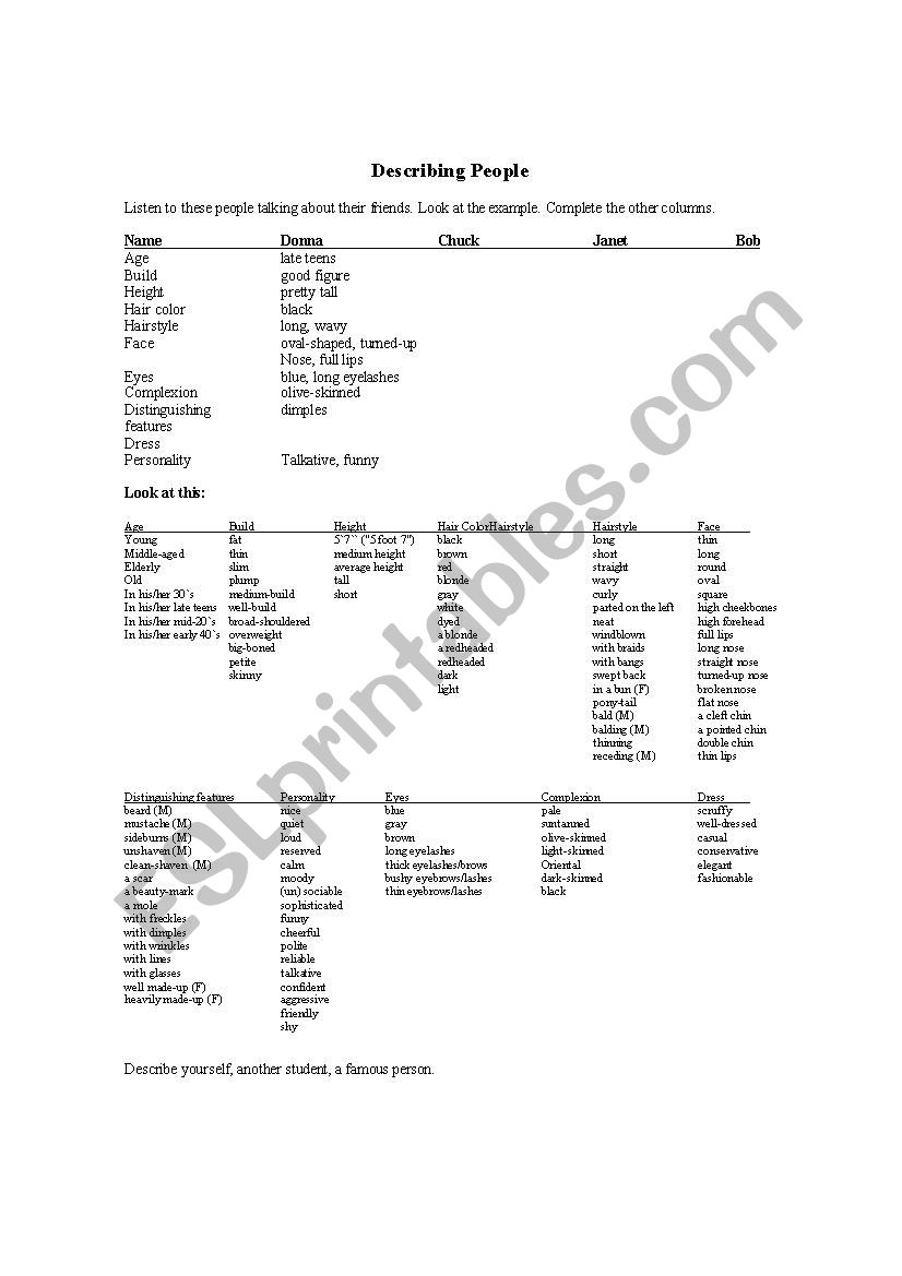 Describing People worksheet