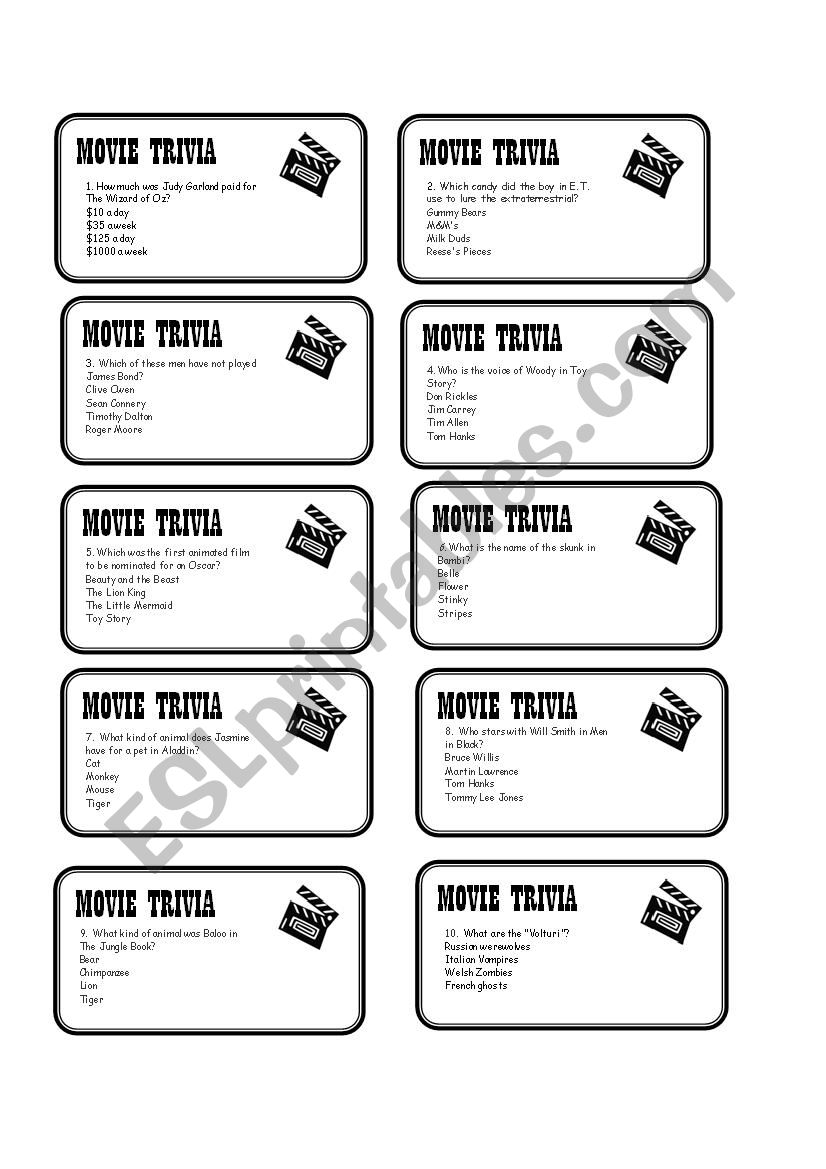 Movie Trivia Card Game worksheet