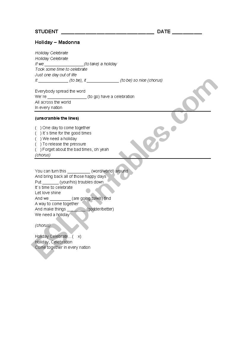 Holiday Lyrics - Madonna worksheet