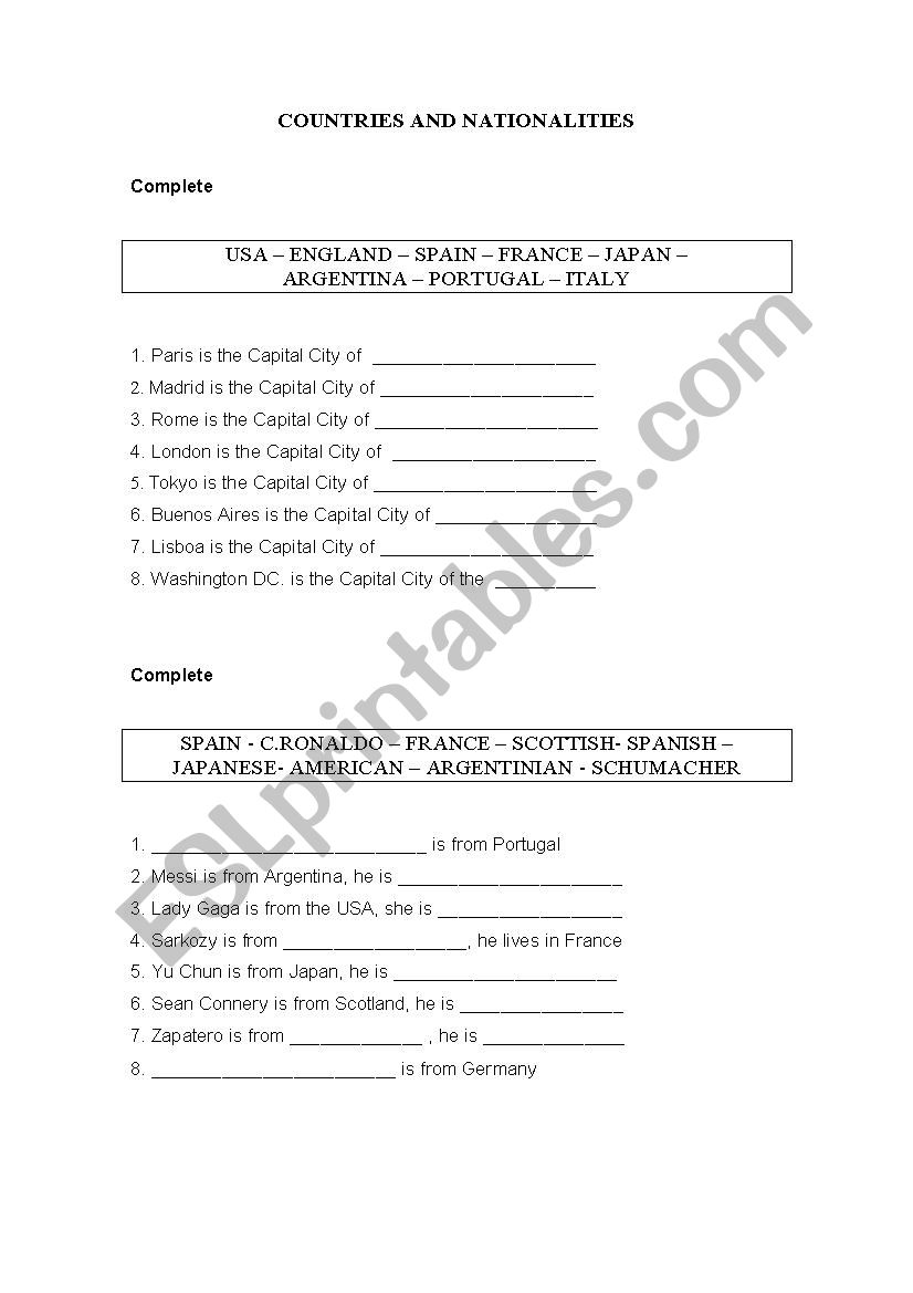 Countries and nationalities worksheet