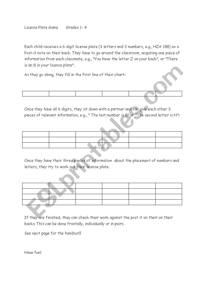 LICENSE PLATE GAME worksheet