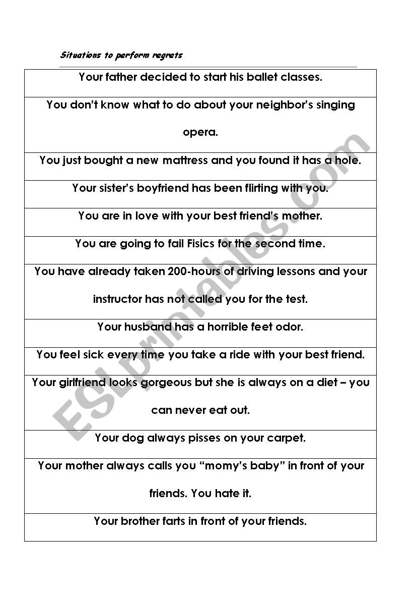 Situations to perform Regrets worksheet