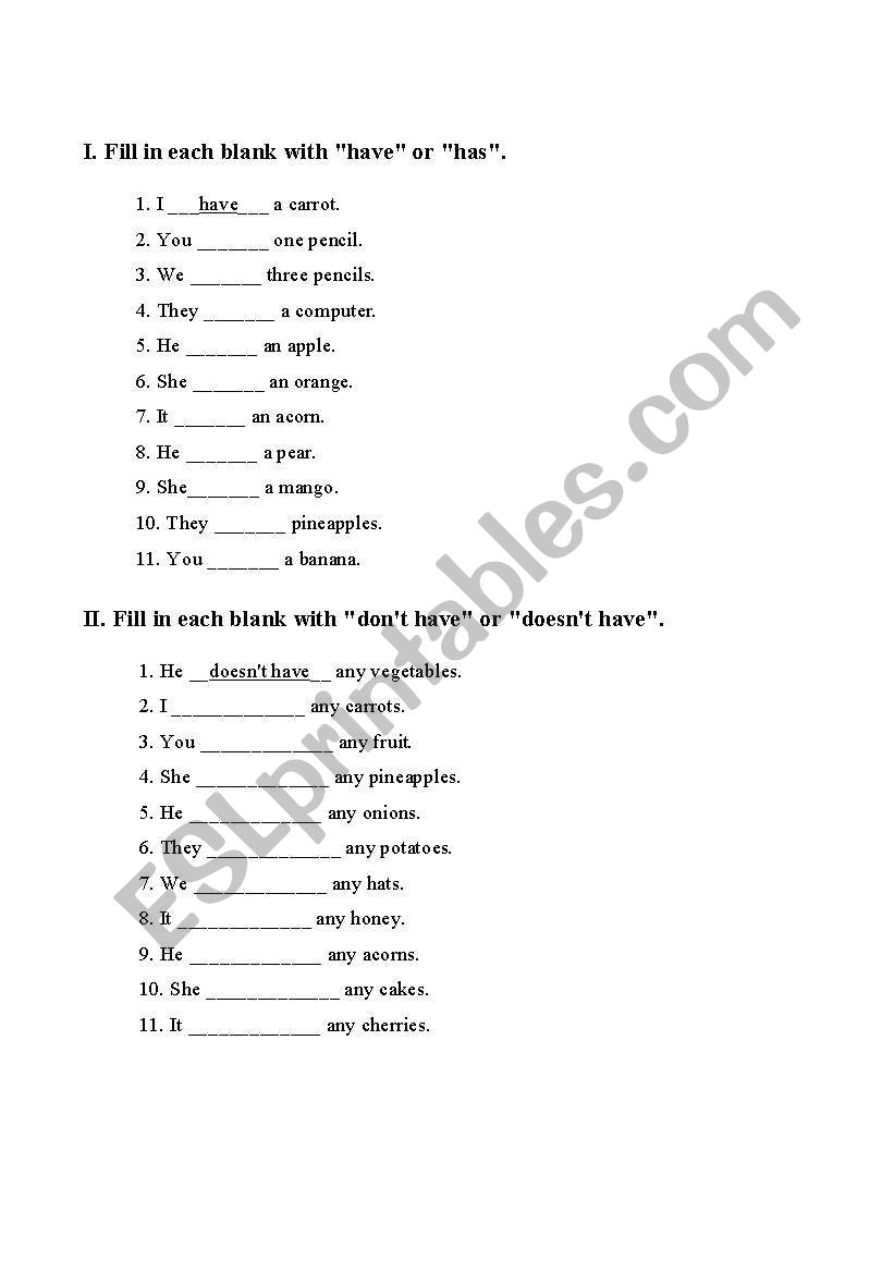 Have and Has worksheet