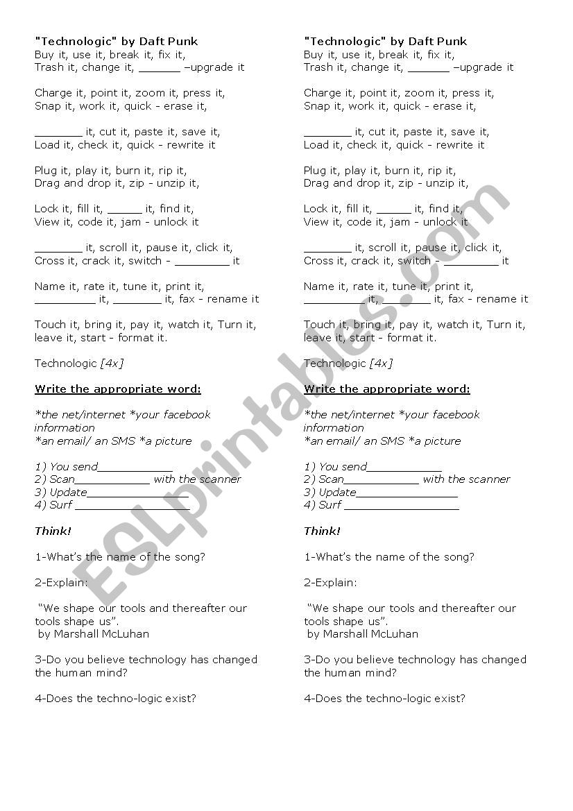 Song Daft punk technologic worksheet