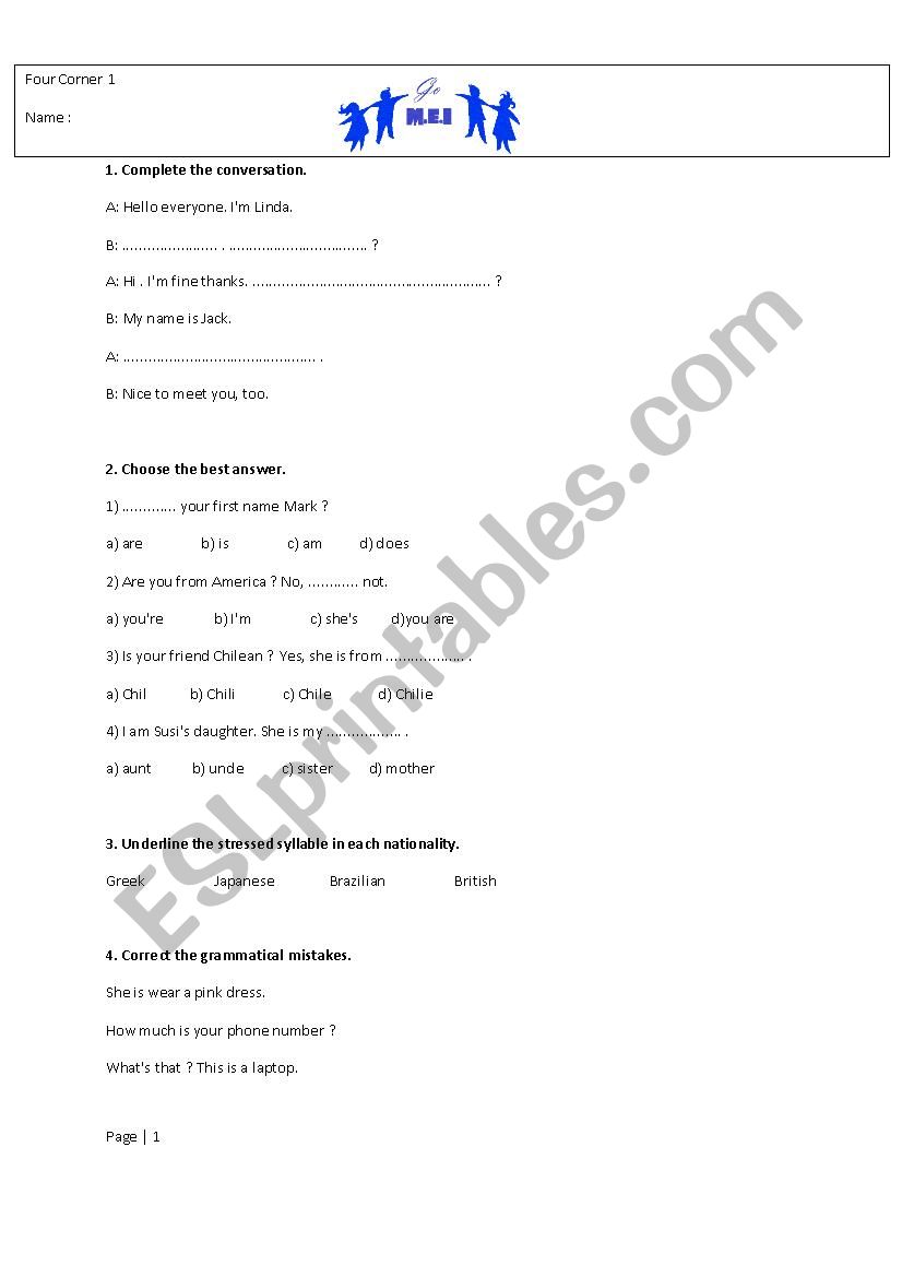 four corner 1 worksheet