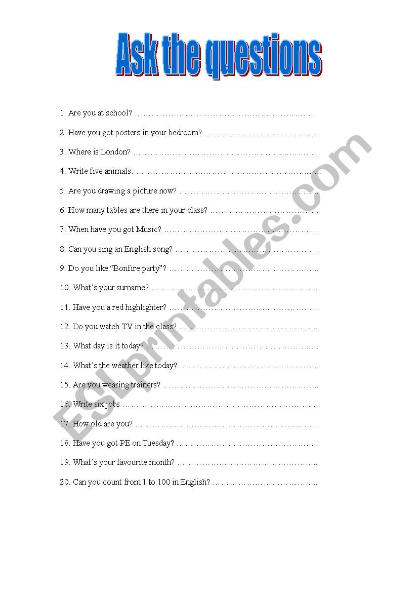 20 easy questions worksheet