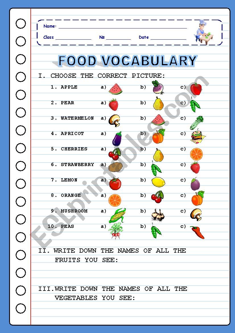 FOOD - Vocabulary - Multiple Choice - Pt.1