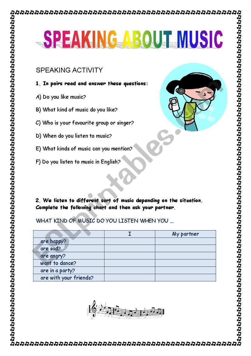 speaking about music worksheet