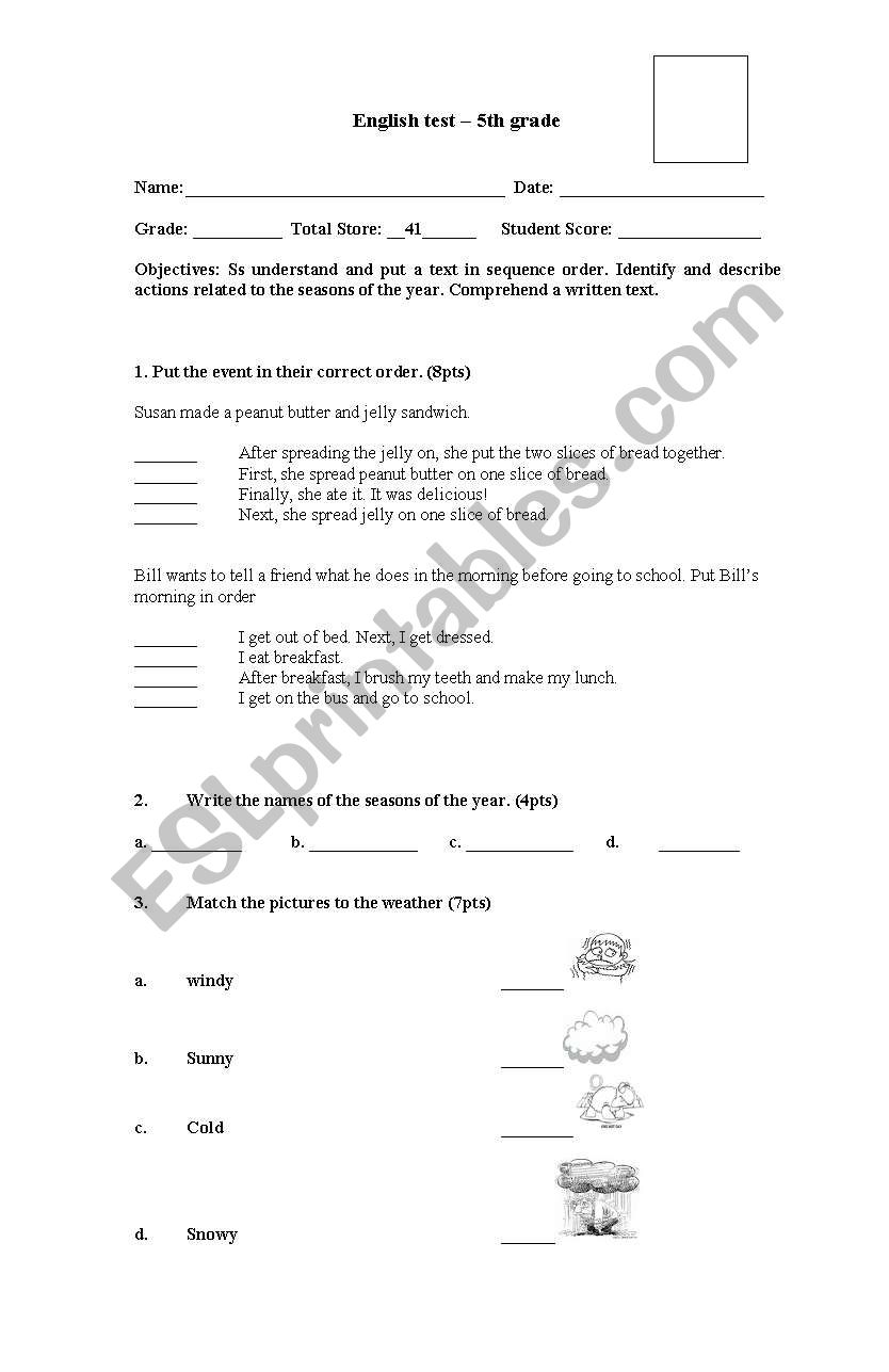 Test 5th grade worksheet