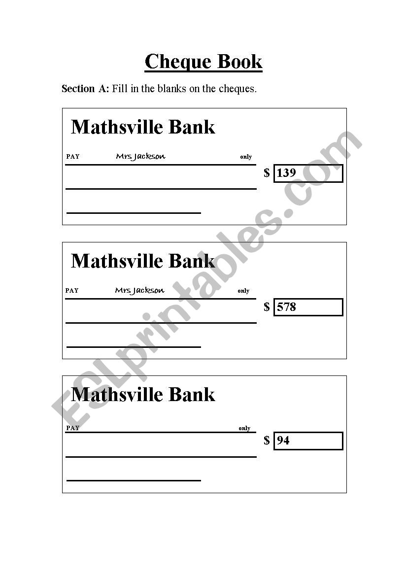 Check-book activity worksheet