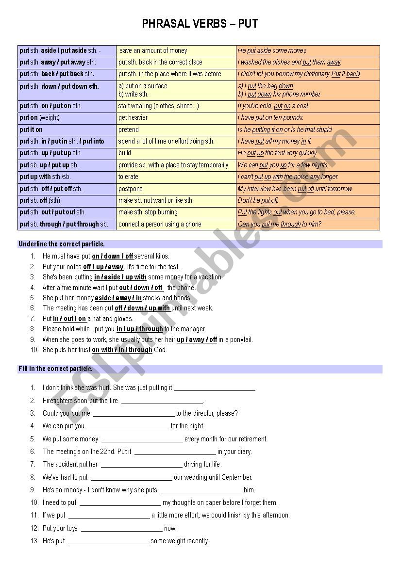 Phrasal Verbs PUT (exercises with key included)