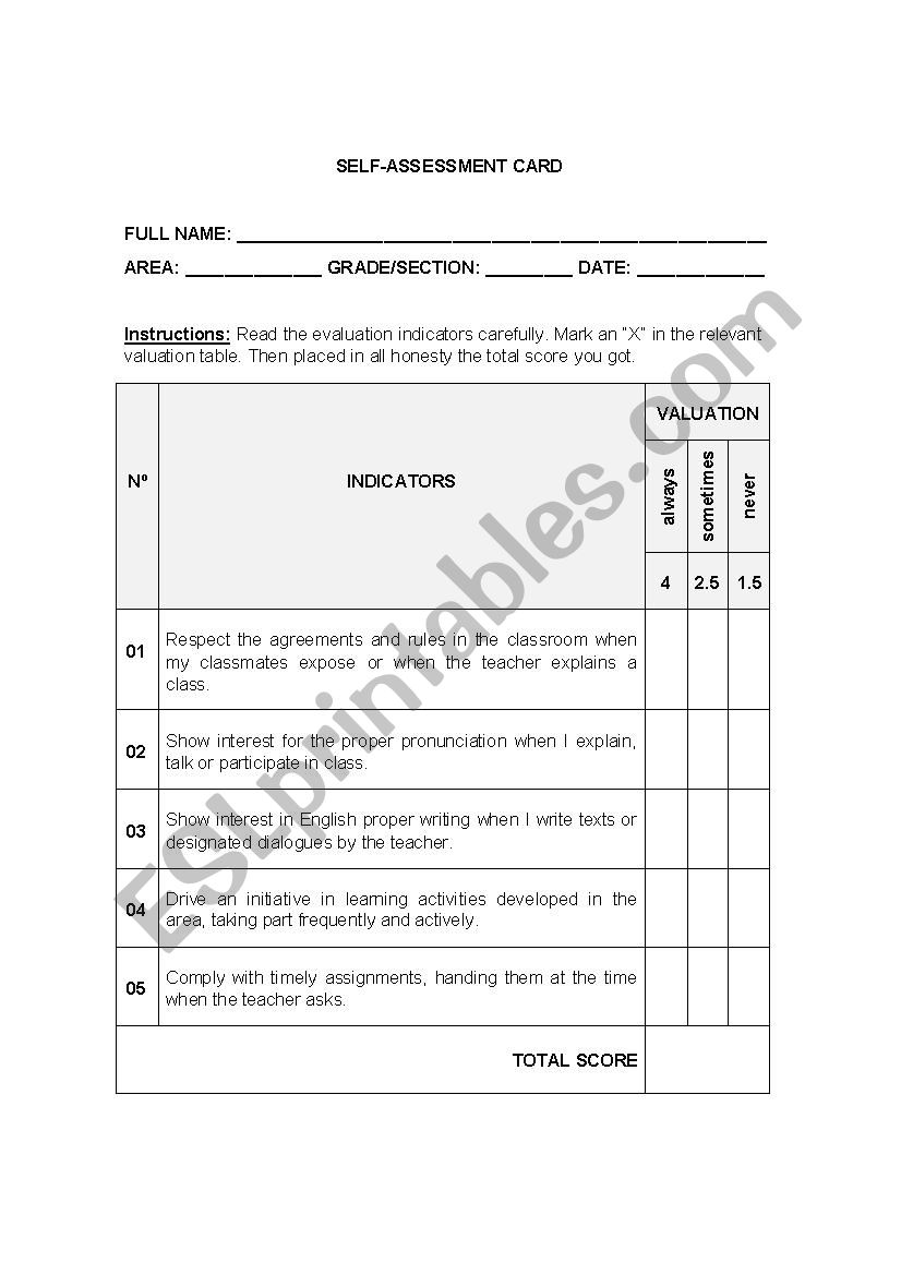 SELF-ASSESSMENT CARD worksheet