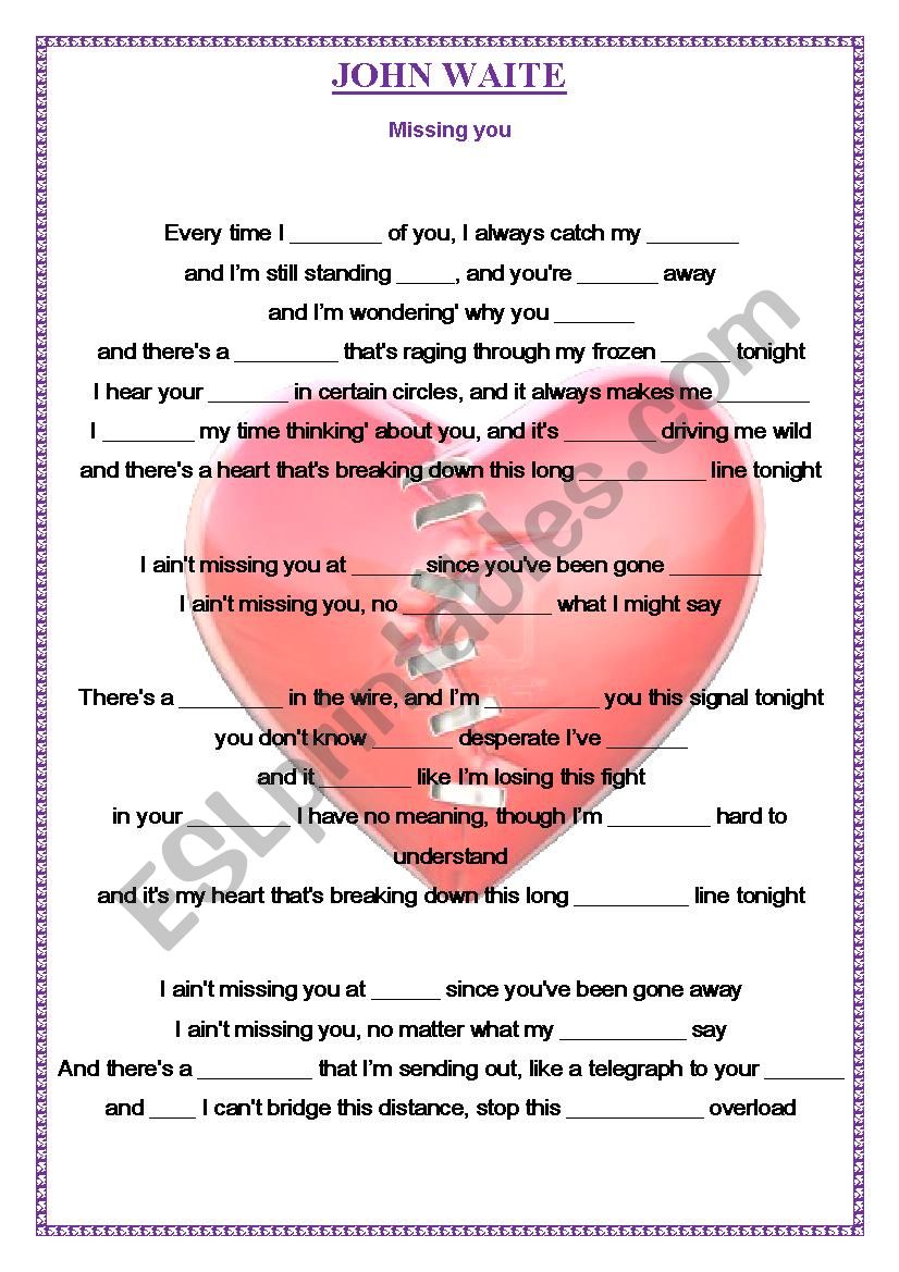 JOHN WAITE - MISSING YOU song worksheet