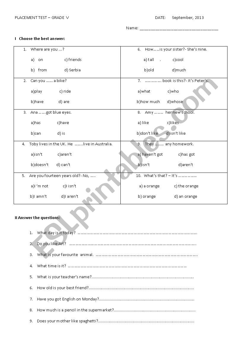 Placement test - grade 4 worksheet