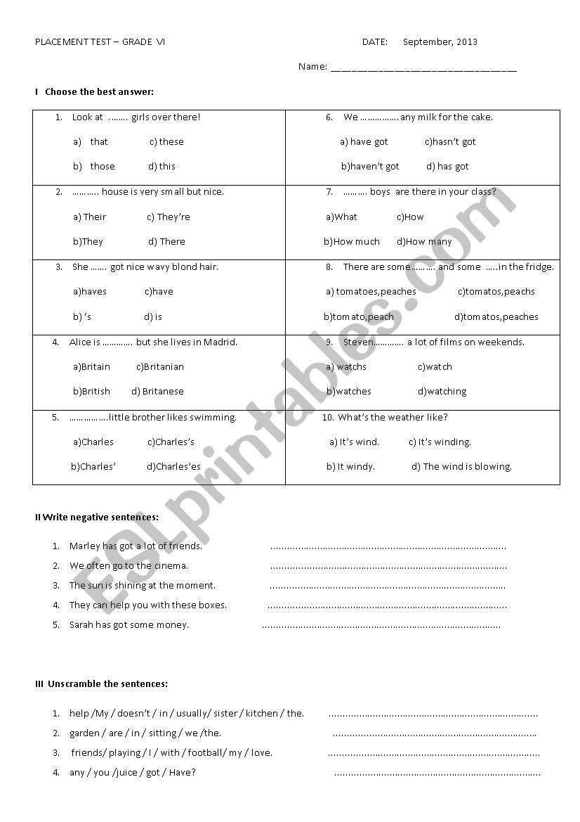 Placement test - grade 5 worksheet