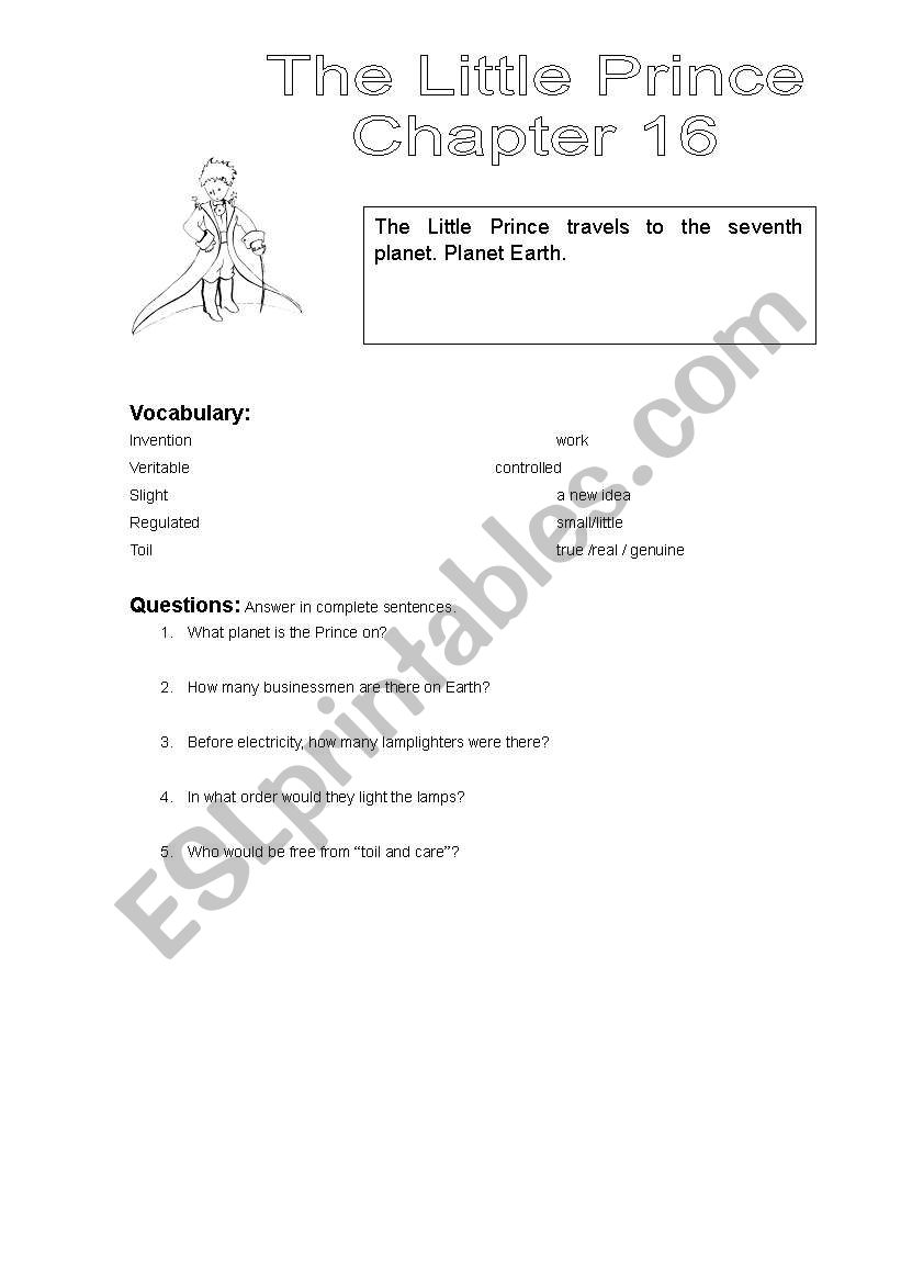 The Little Prince Chapter 16 worksheet