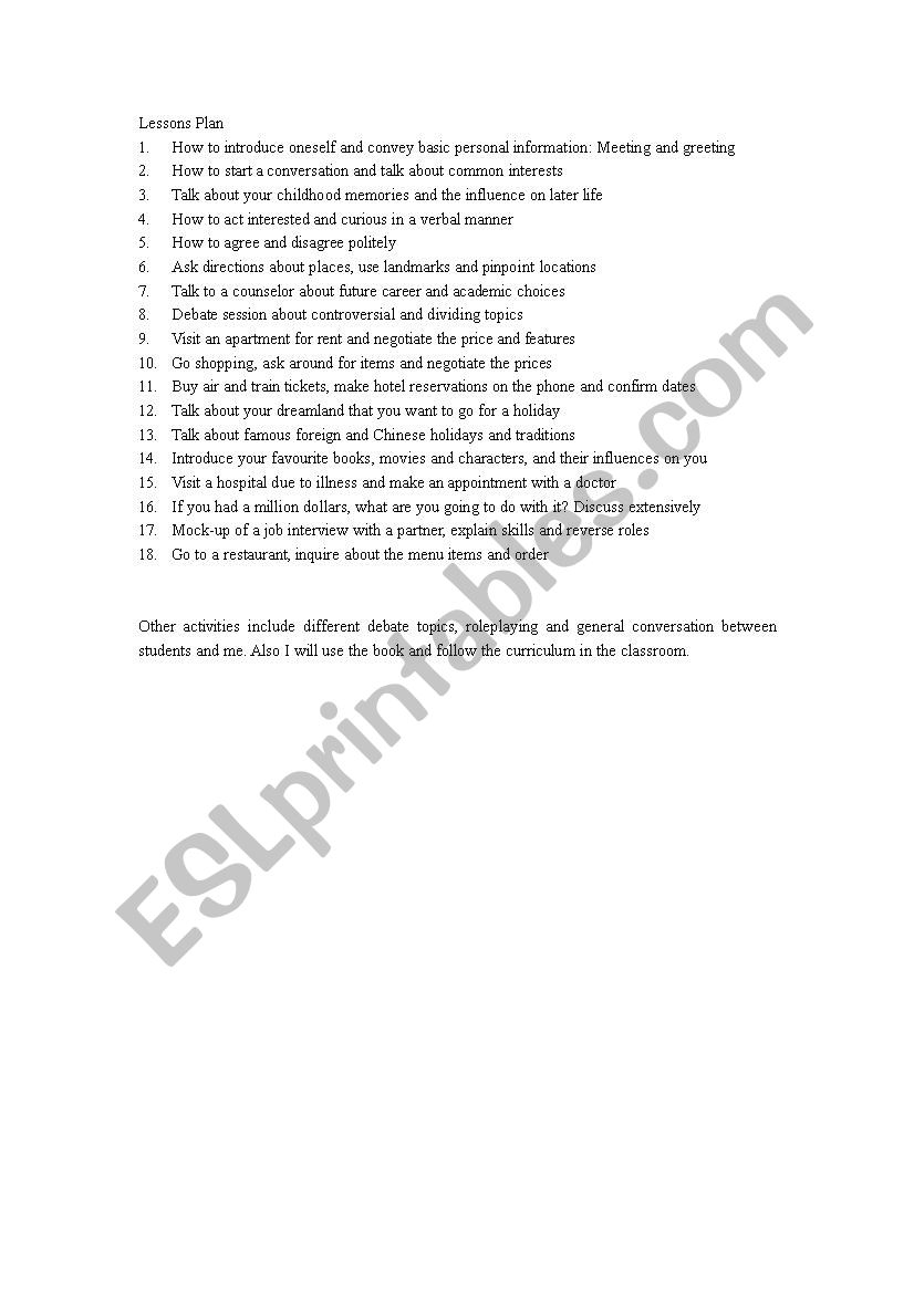 Oral English lessons topics worksheet