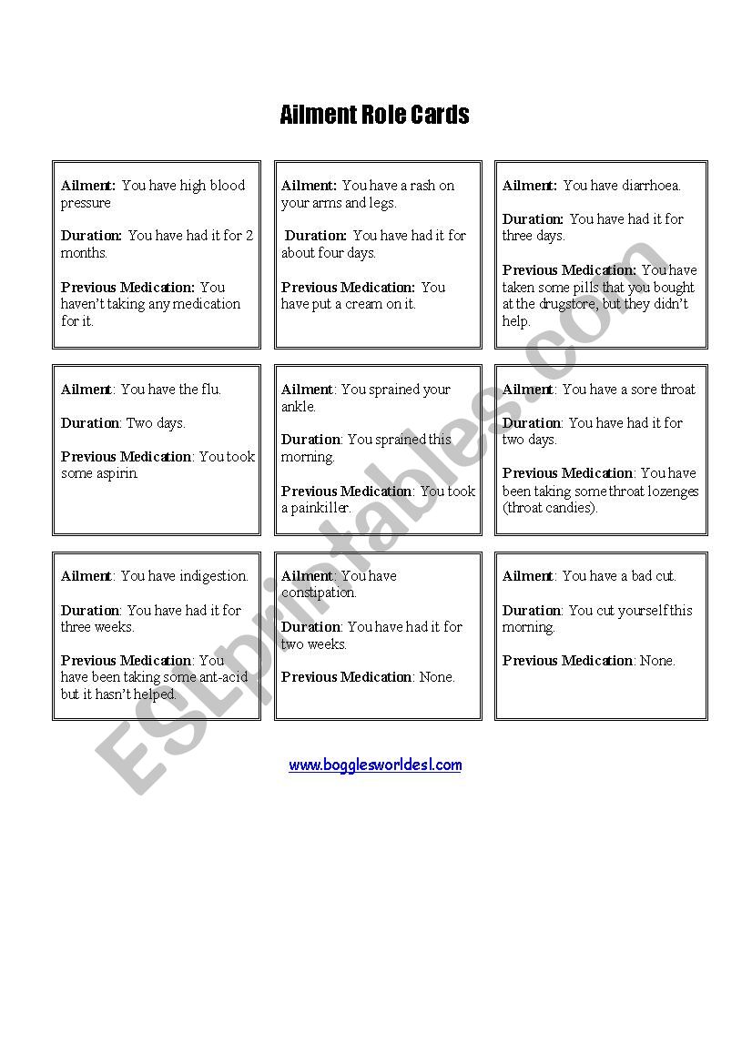 Aliment Role cards worksheet