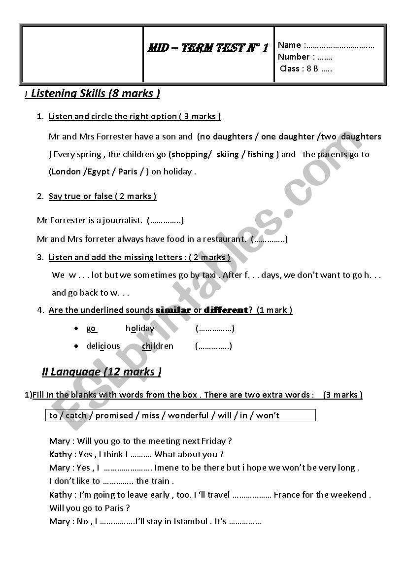 8th form mid term test nb 1  worksheet