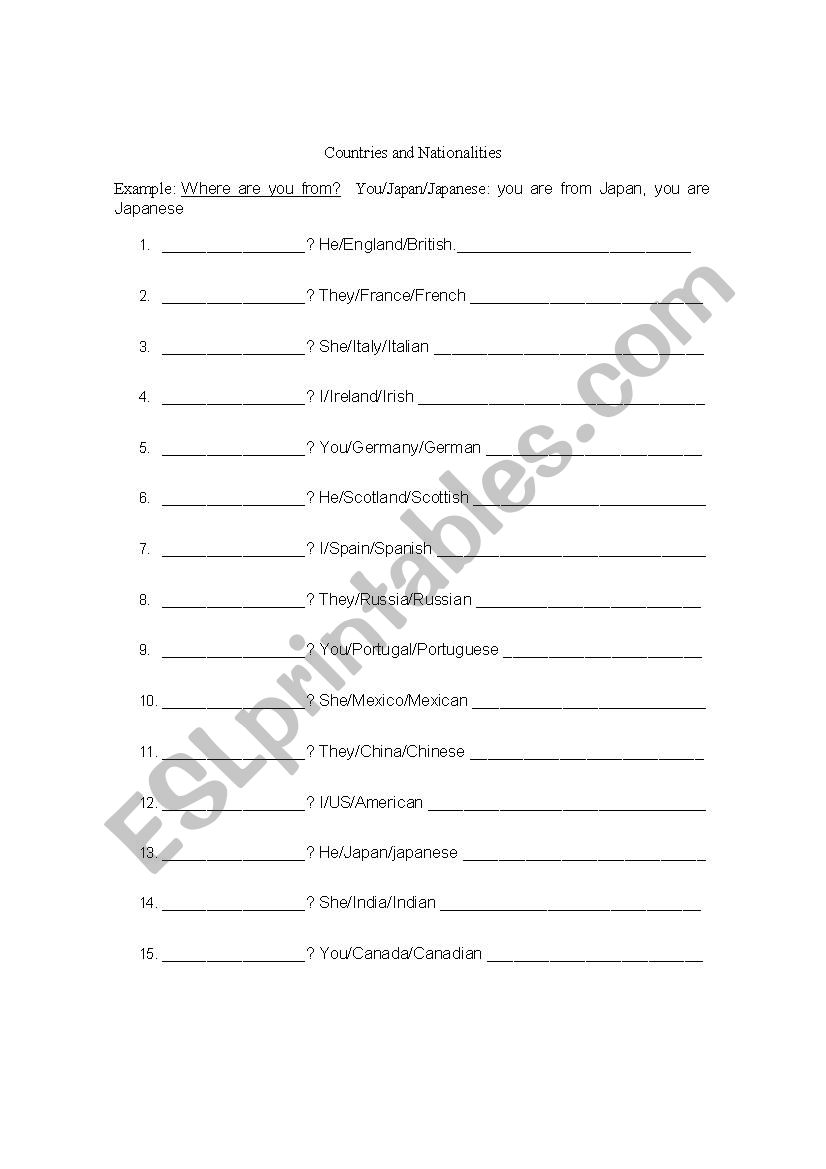 COUNTRIES AND NATIONALITIES worksheet