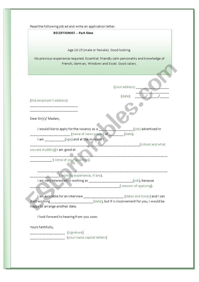 letter of application worksheet