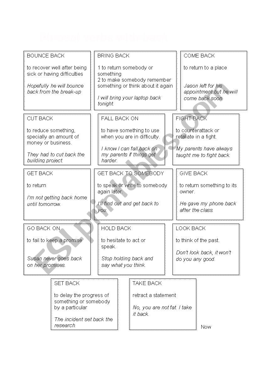 Phrasal verbs with BACK worksheet