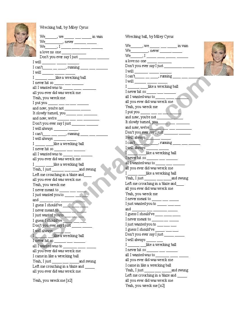 Wrecking ball, by Miley Cyrus worksheet