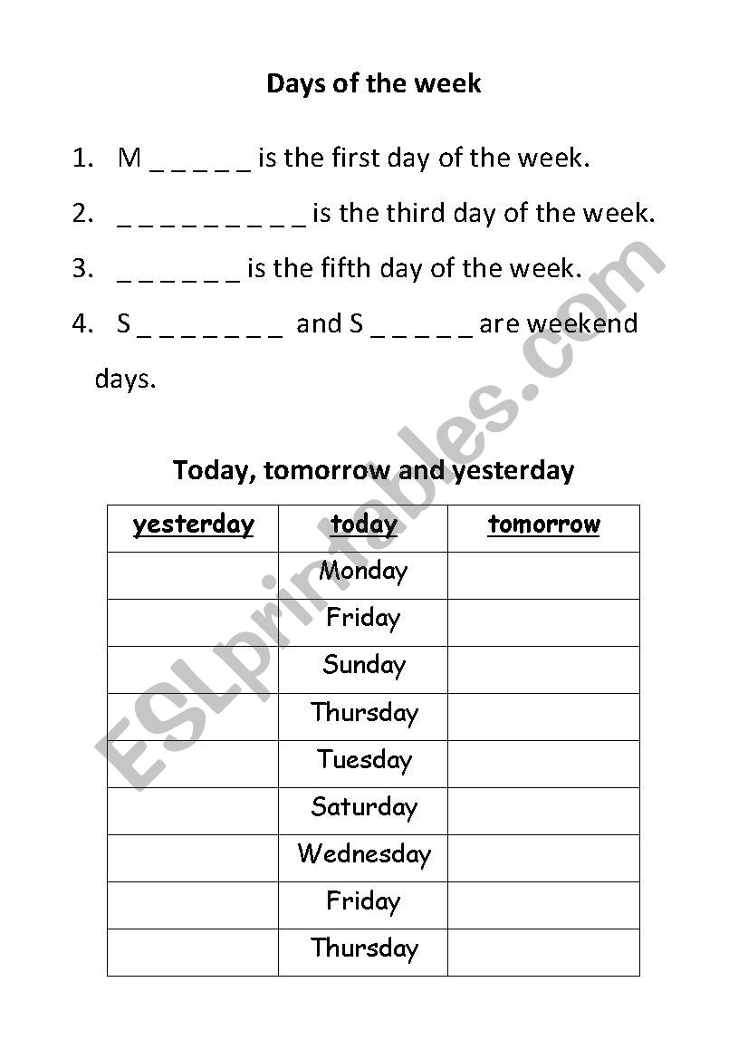 Days of the Week Yesterday and Tomorrow Worksheet / Worksheet