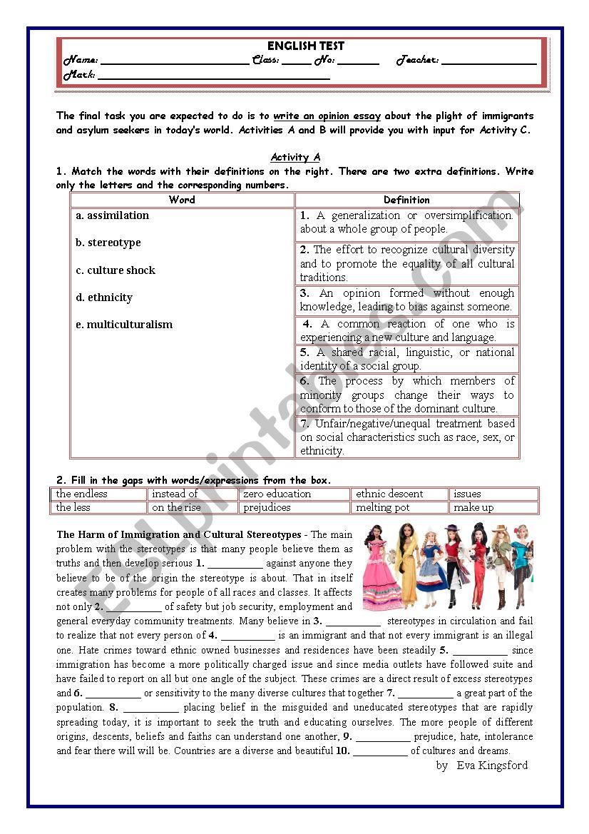 Test on immigration, stereotypes, cultural diversity, multicultural society