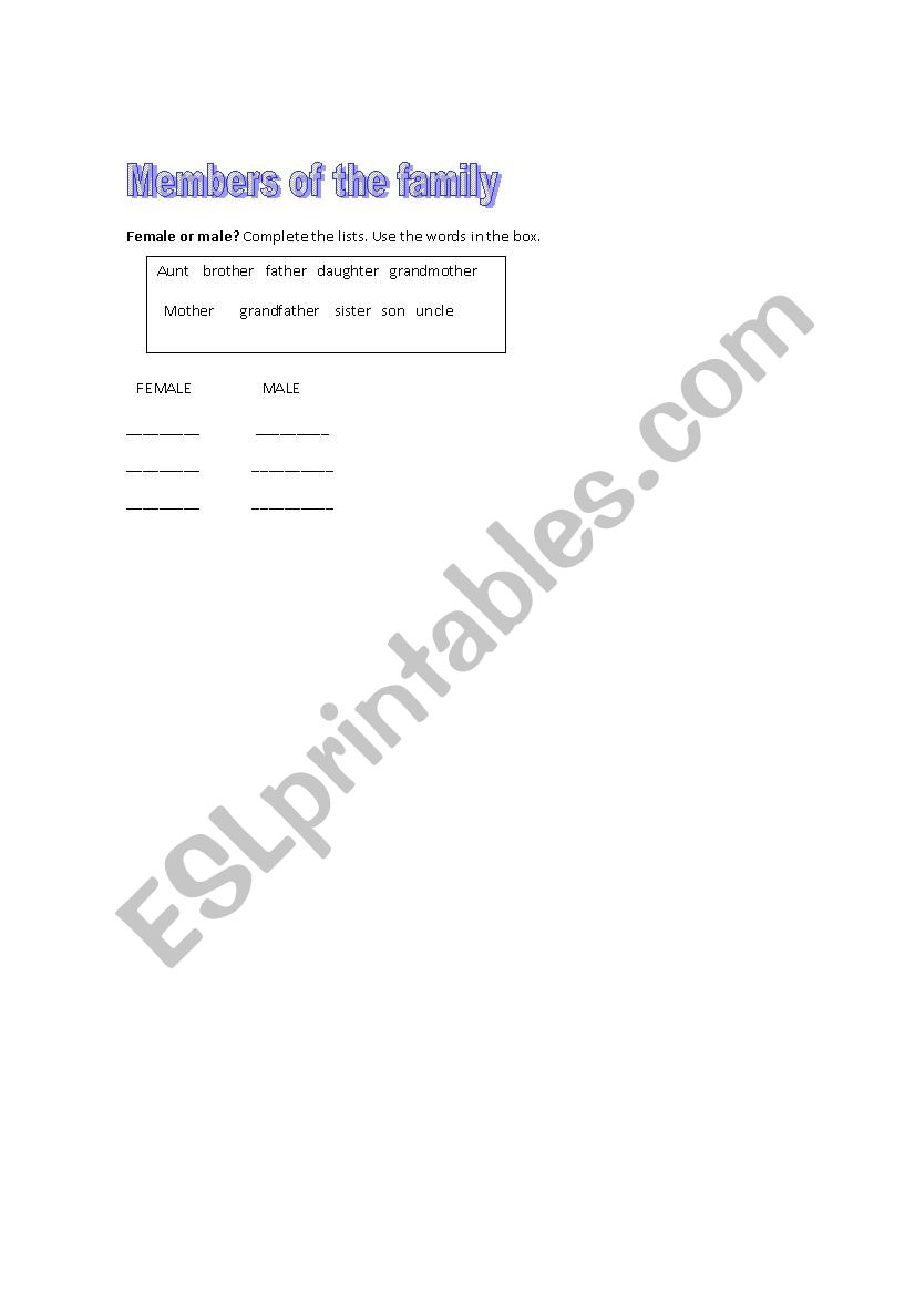 members of the family worksheet