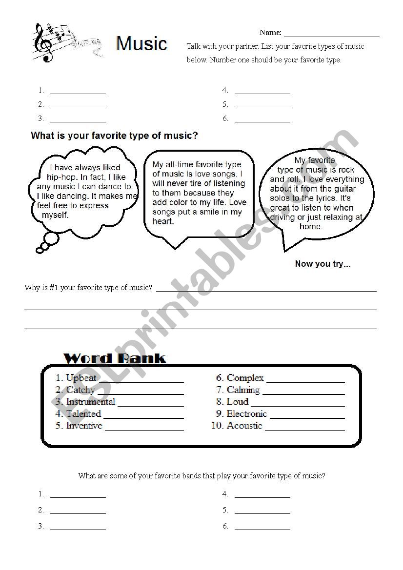 Types of Music worksheet