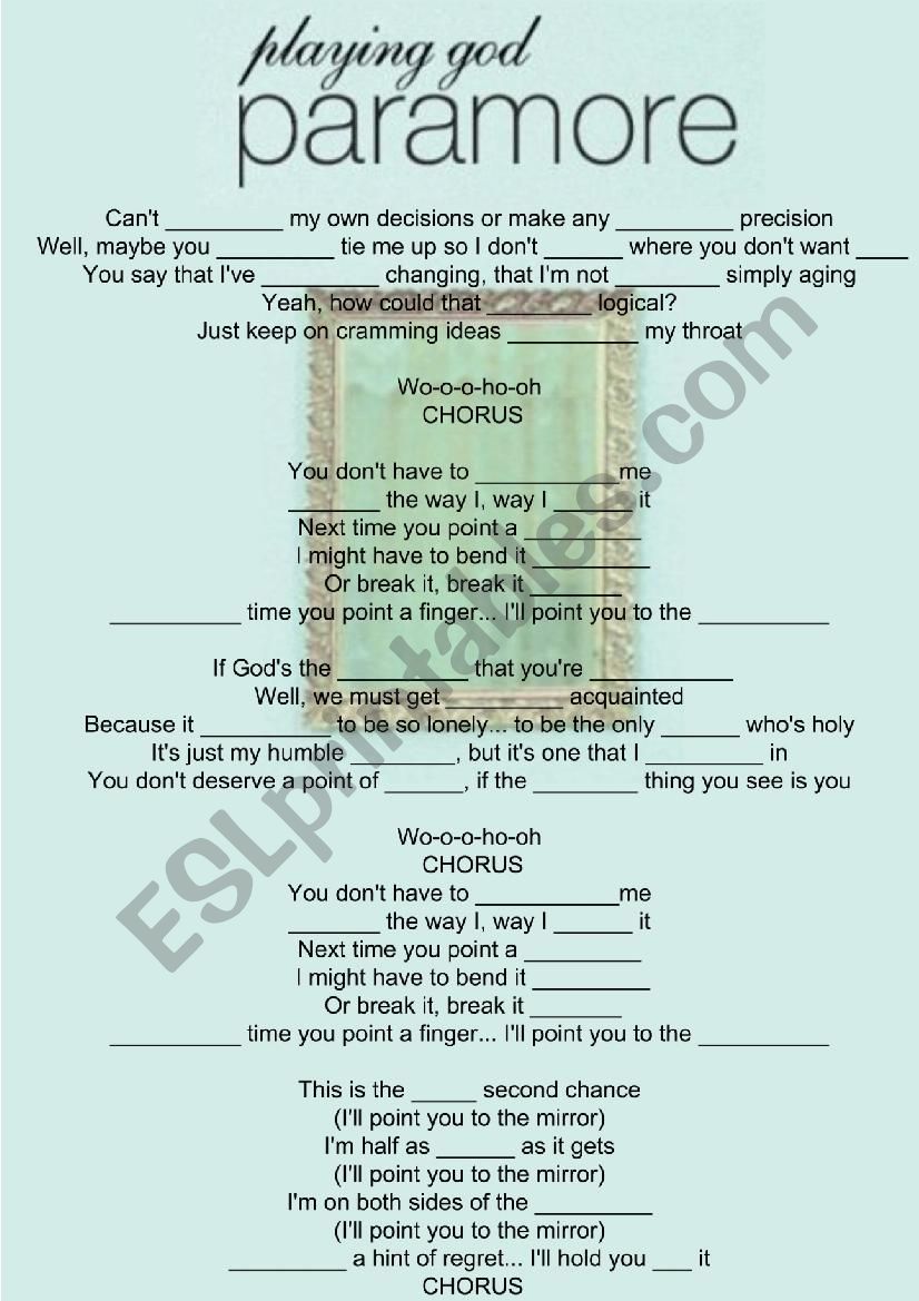 PARAMORE PLAYING GOD song worksheet