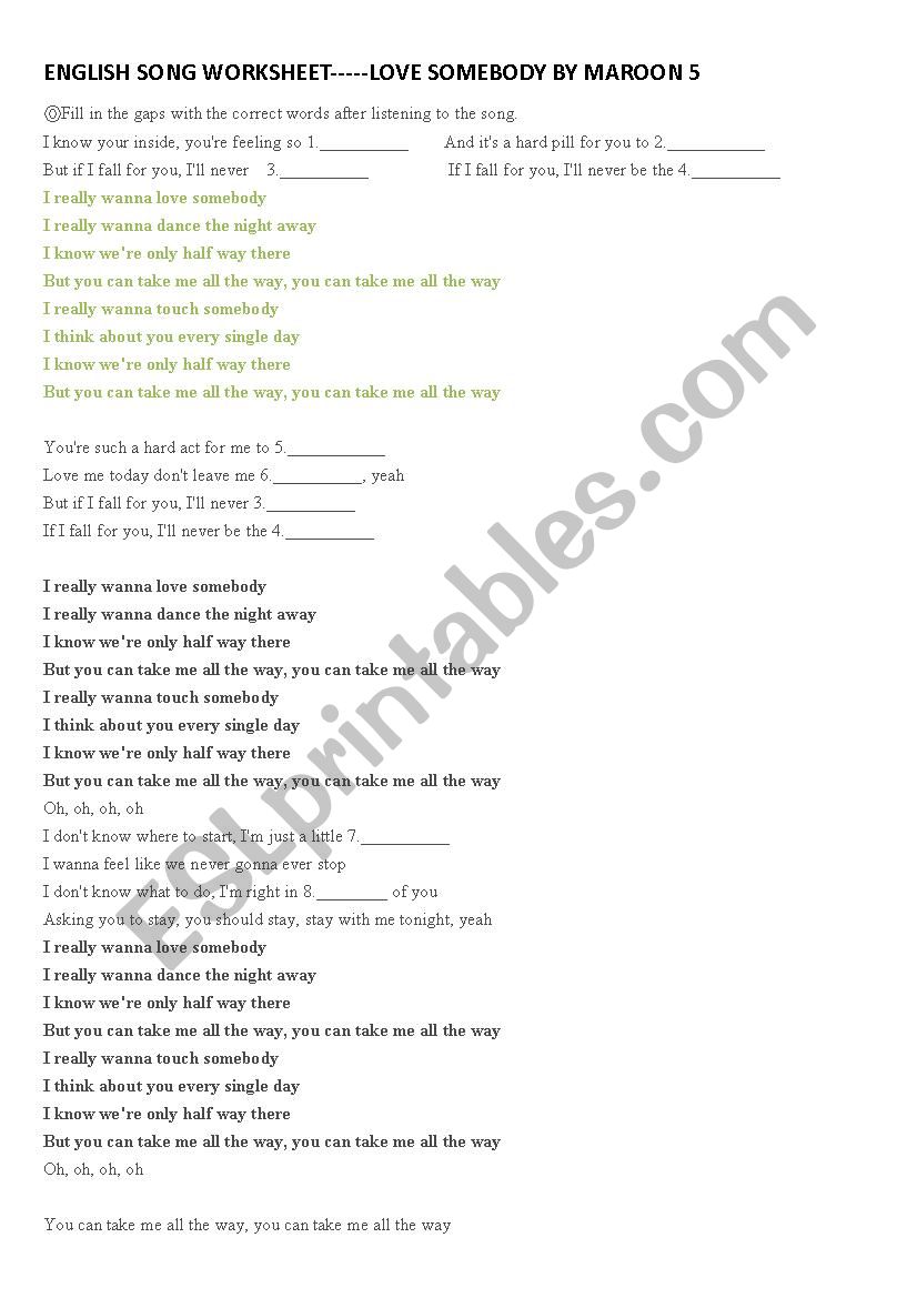 Song Lyrics Love Somebody worksheet