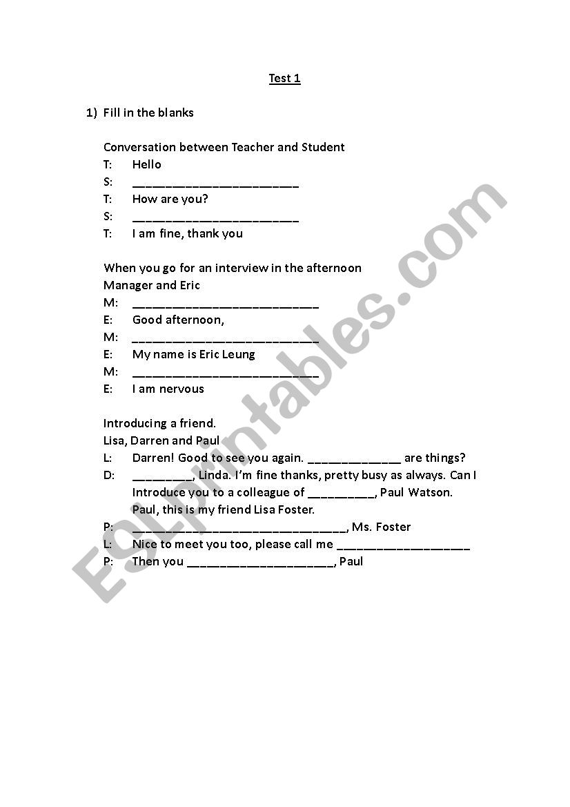 Test on conversation, Reading, Colours, Alphabetical orders, Listening skills and Numbers