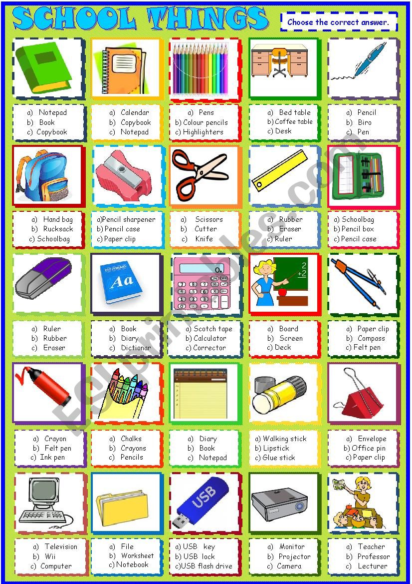 School things , multiple choice activity