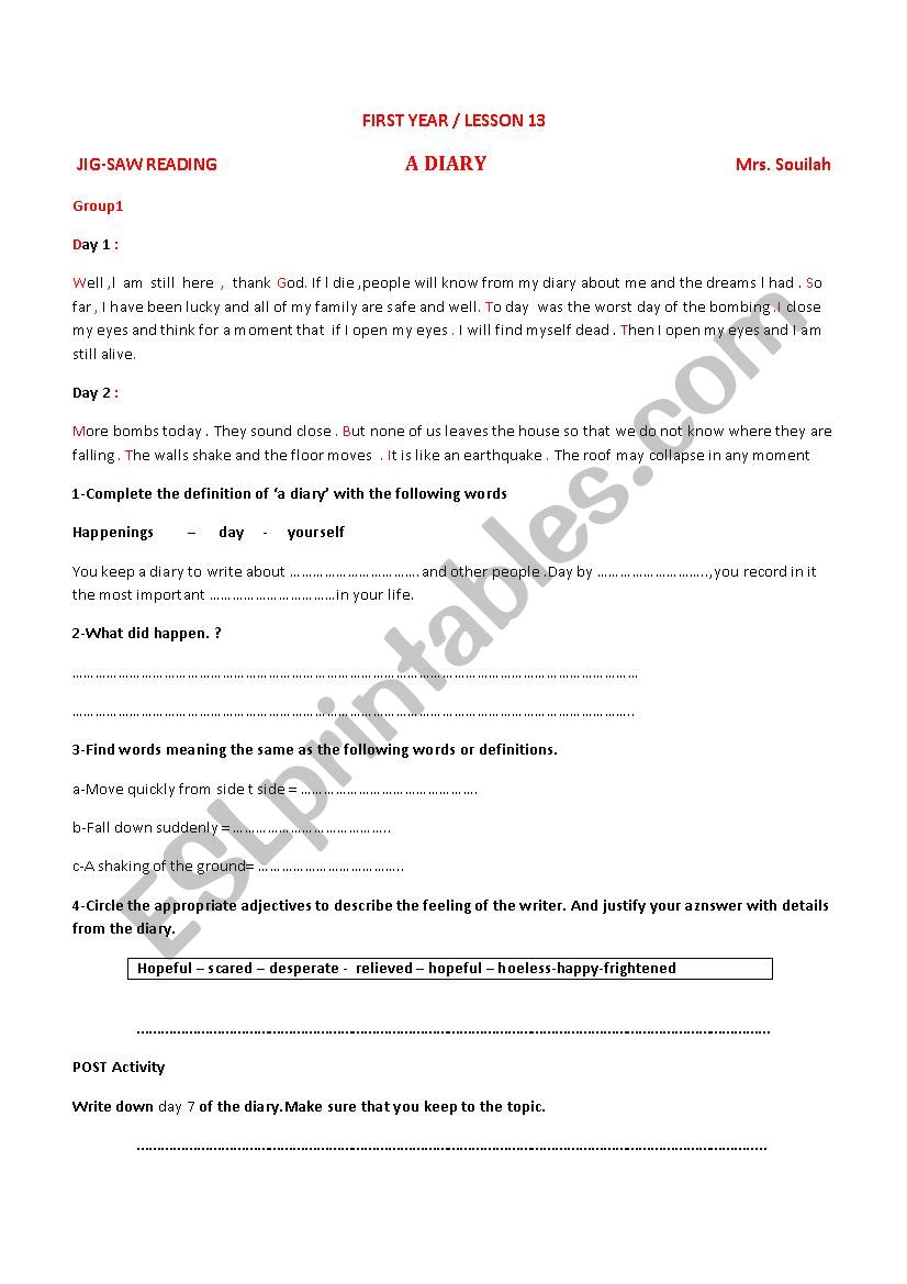 lesson13 first year A DIARY worksheet