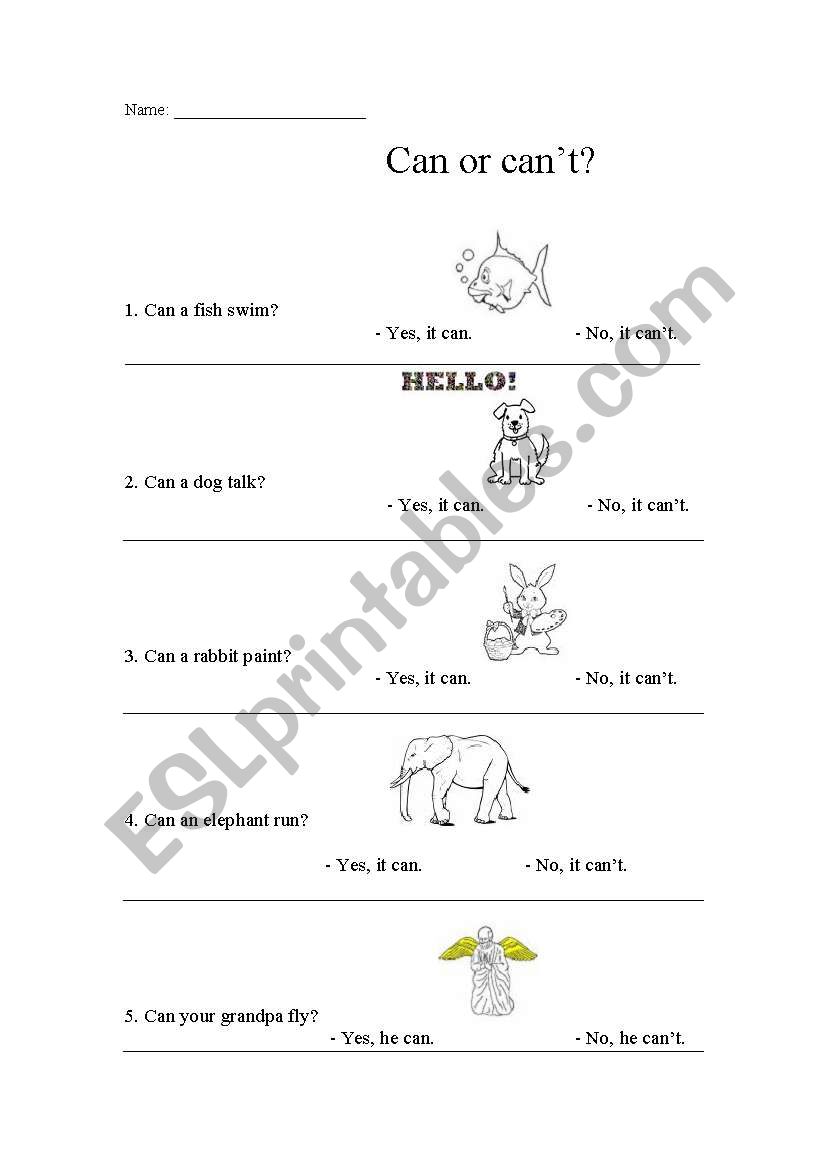 Can and Cant for Ability worksheet