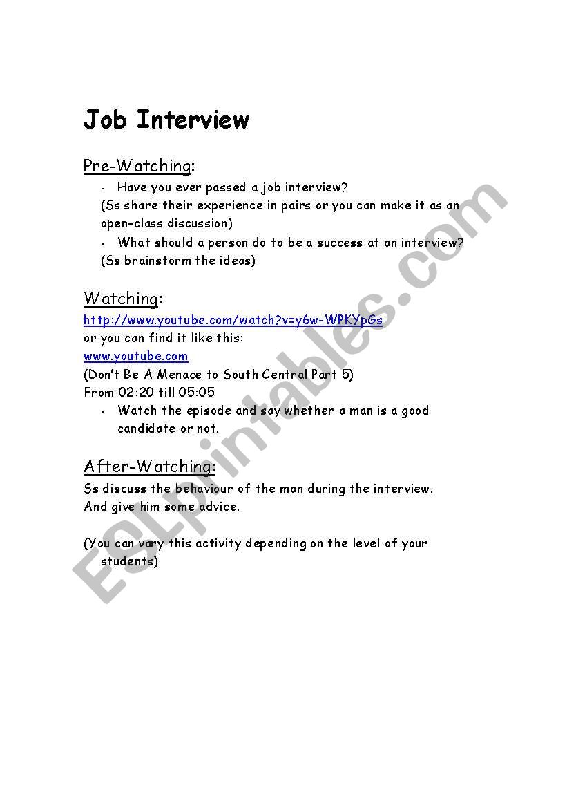 Job Interview worksheet