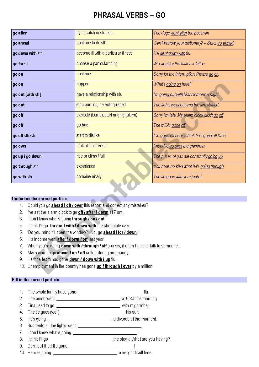 Phrasal Verbs GO (exercises with key included)