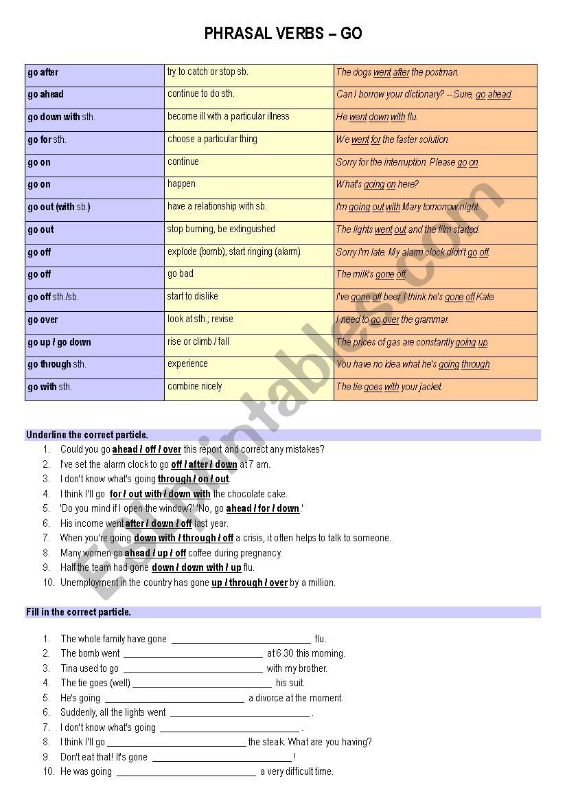 Phrasal Verbs Go Exercises With Key Included Esl Worksheet By Akari